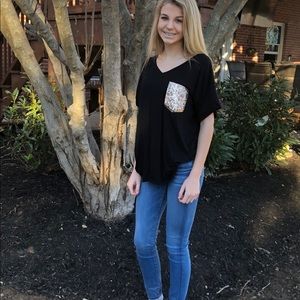 Sequin pocket Short sleeve jersey top in Black